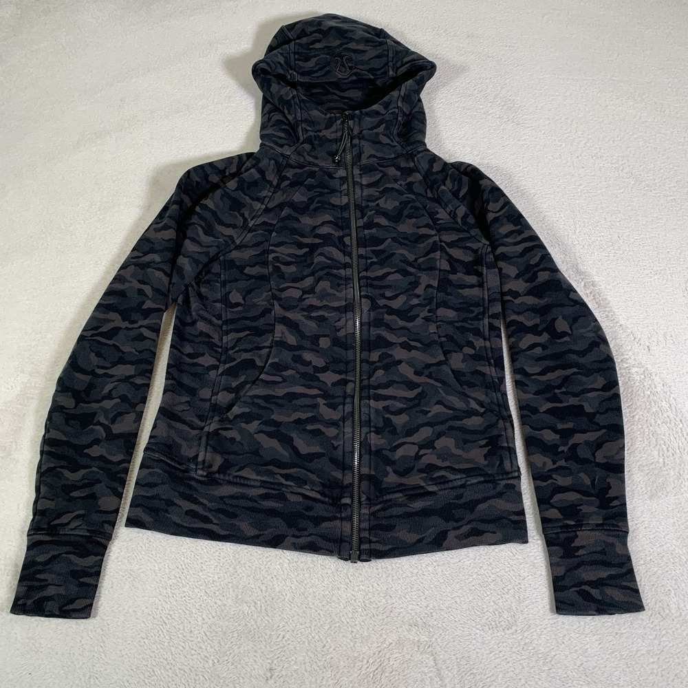 Lululemon‎ Hoodie Womens Size 6 Scuba Jacket Black Camo Workout Cotton LW4AWPSZ